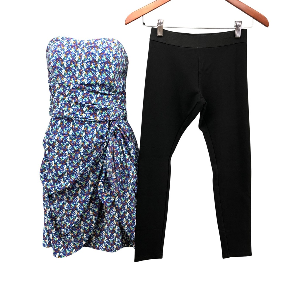 Club Monaco Dress and Leggings Womens 4 Small Blue Black Strapless Ruched Set